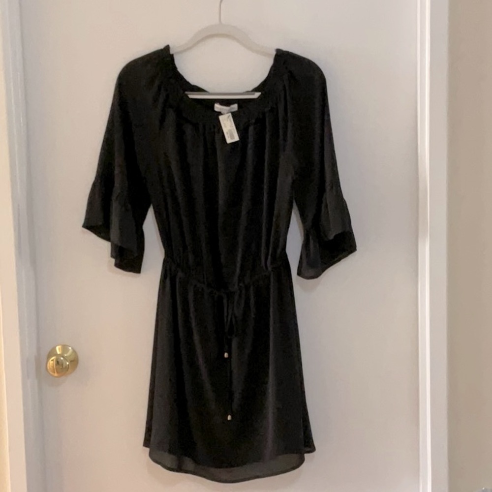 HEARTLOOM black boho dress with ruffle sleeve and tie front.